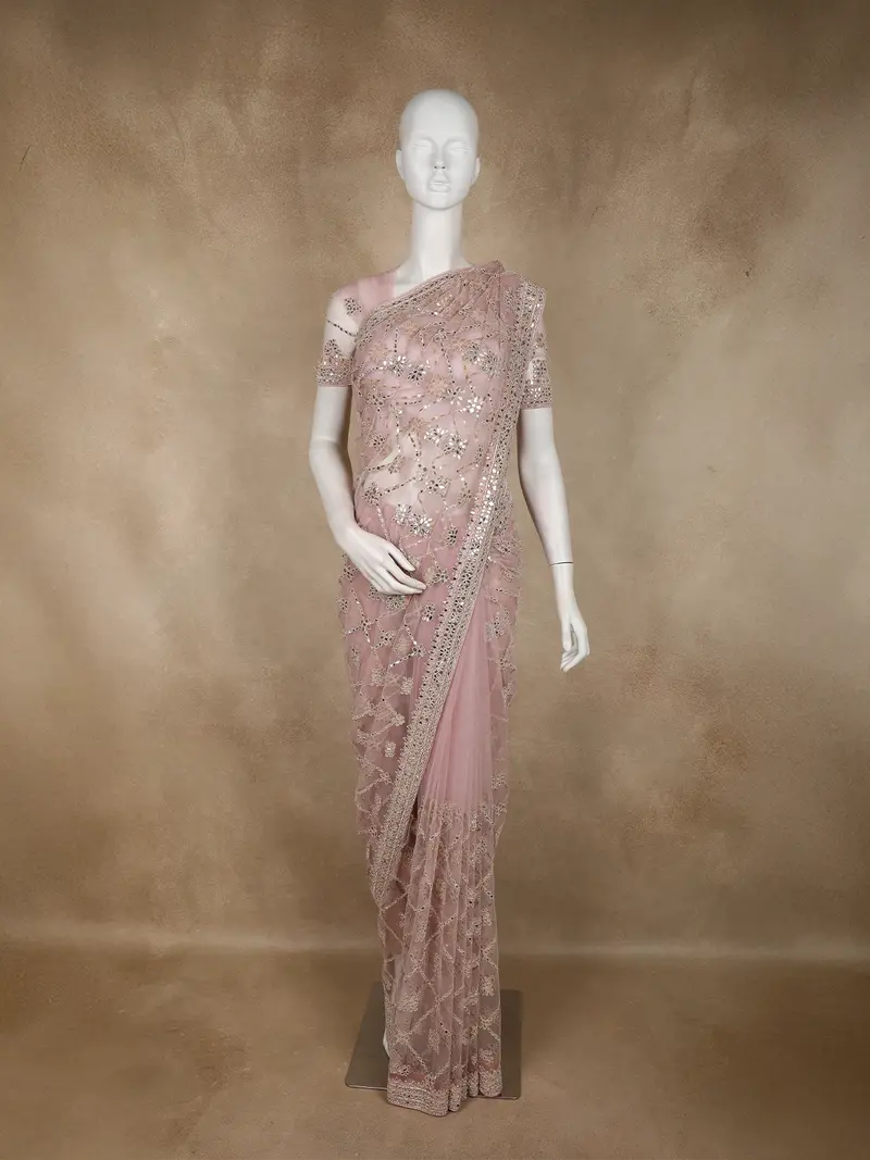 Light Pink Thread And Mirror Embroidered Design Net Designer Saree 1