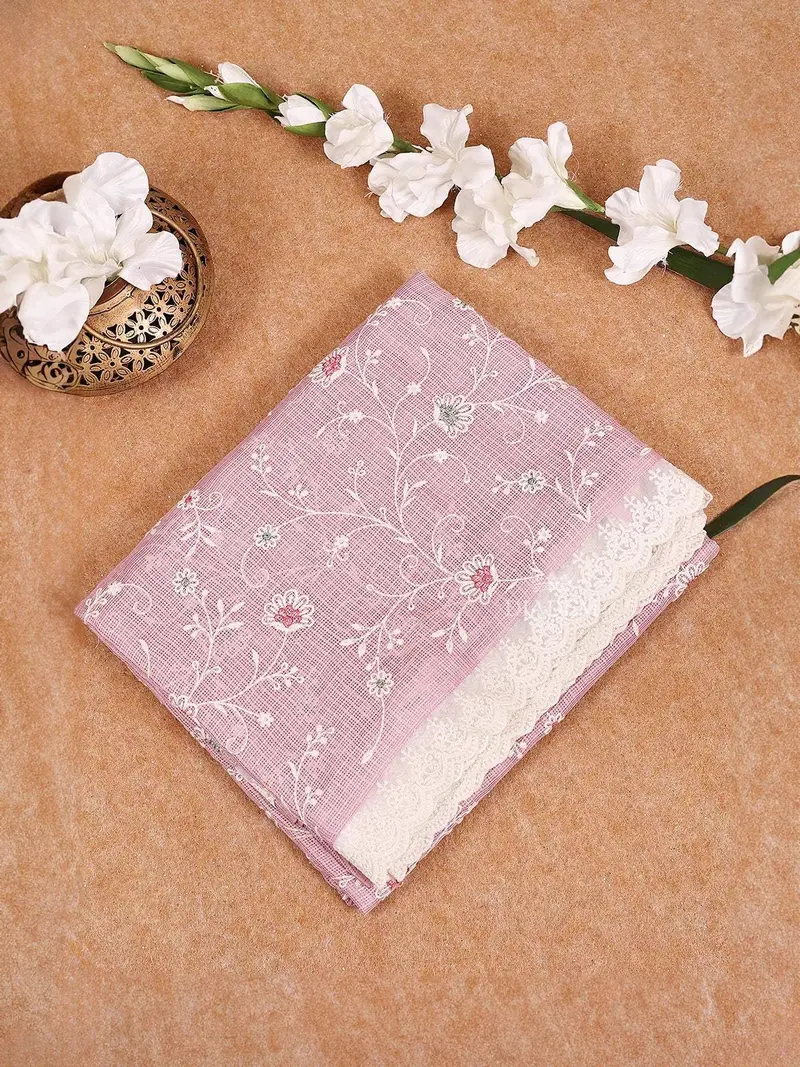 Light Pink Tissue Banarasi Saree With Chikankari Work On The Body And Floral Lace Border 1