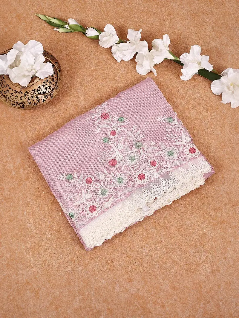 Light Pink Tissue Banarasi Saree With Chikankari Work On The Body And Floral Lace Border 1