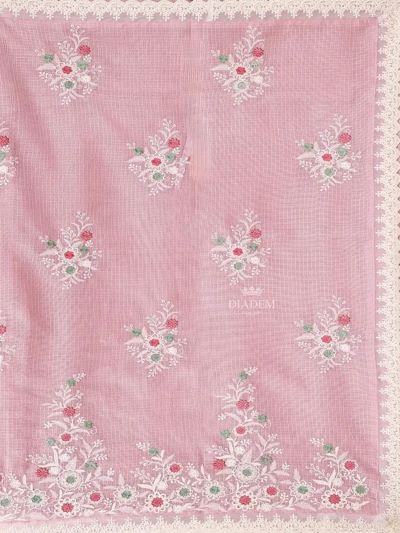 Light Pink Tissue Banarasi Saree With Chikankari Work On The Body And Floral Lace Border 2