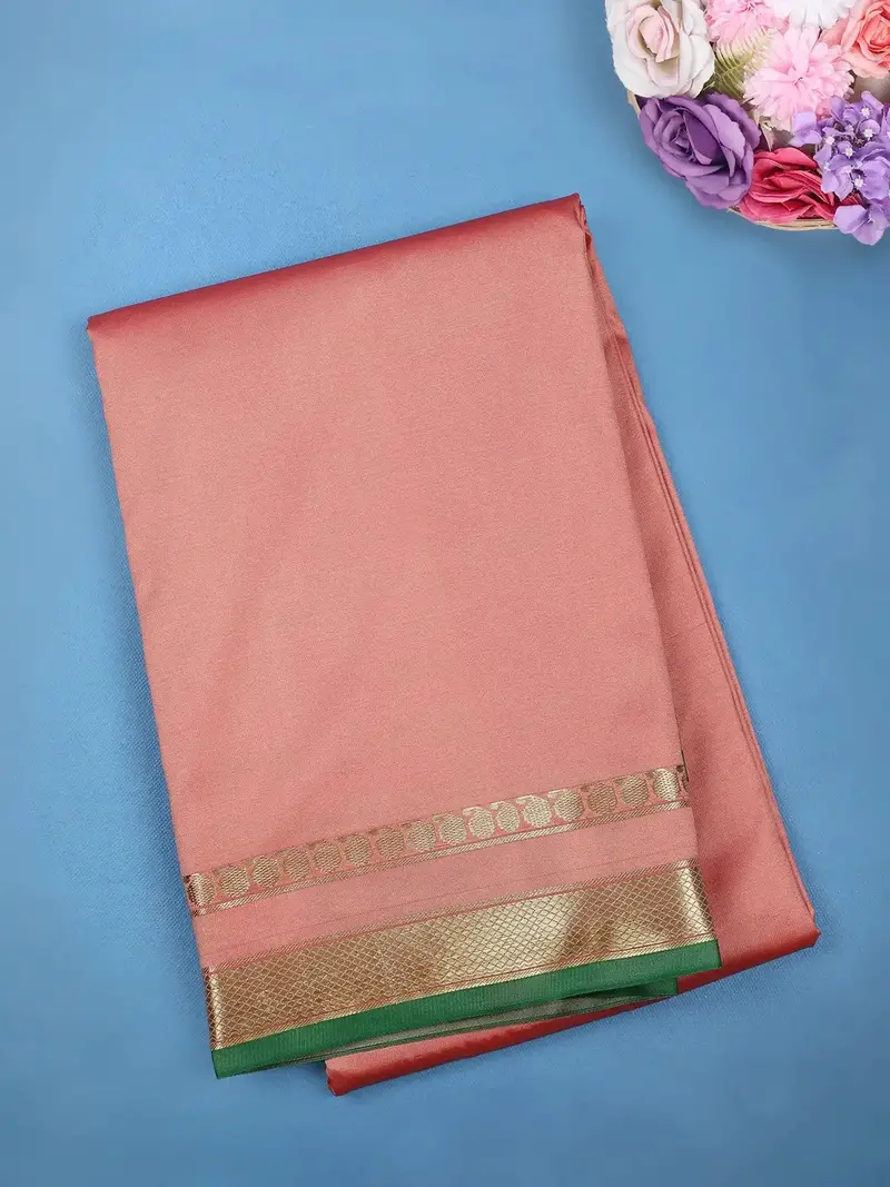 Light Pink With A Gold Zari Border And Green Selvedge Edge Soft Silk Saree 1
