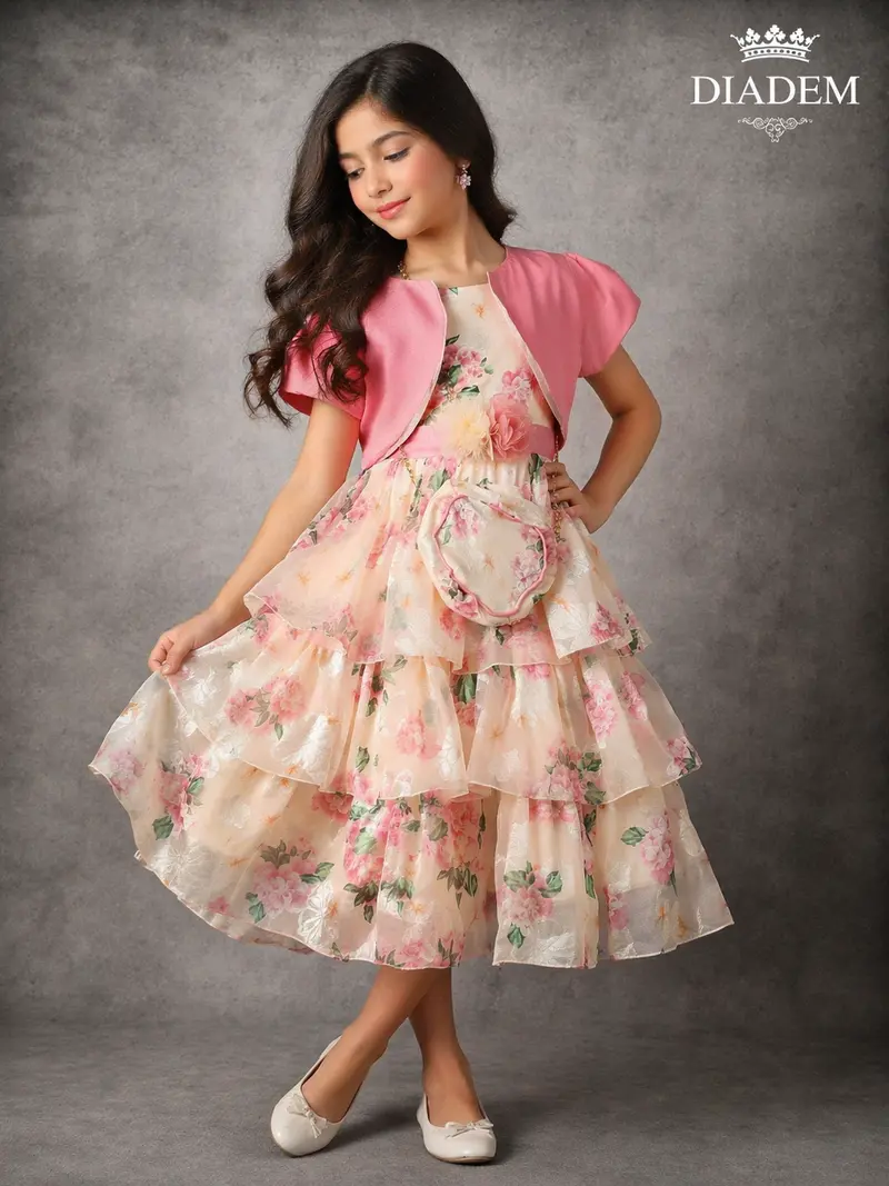 Light Pink With Ivory Organza Gown Adorned With Floral Prints And Paired With Overcoat And Purse 1