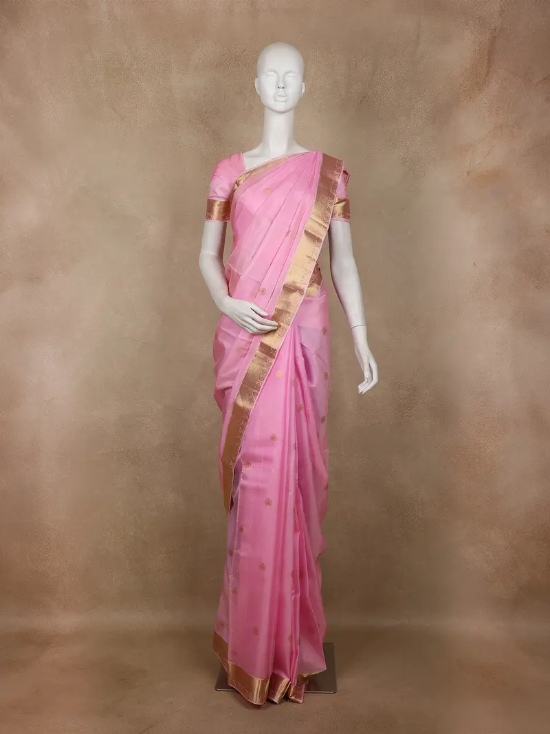 Light Pink Zari Butta Woven Design Pure Kanchipuram Silk Saree With Contrast Zari Border 1