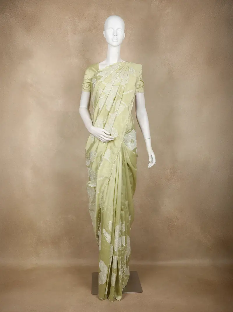 Light Pistachio Green Floral Design Tussar Saree With Applique Work 1