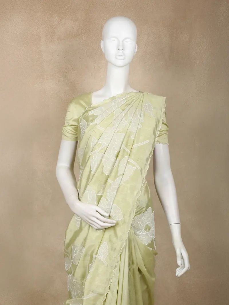 Light Pistachio Green Floral Design Tussar Saree With Applique Work 2