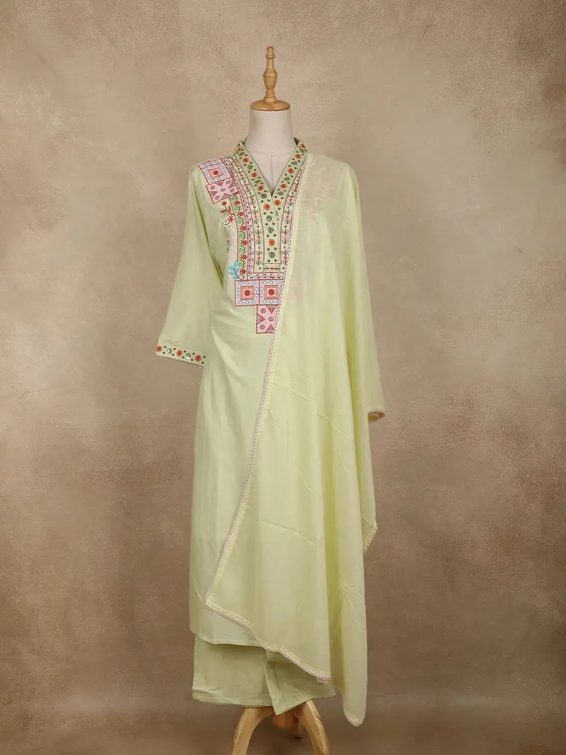 Light Pistachio Green Floral Embroidered Cotton Salwar Suit With Dupatta 1