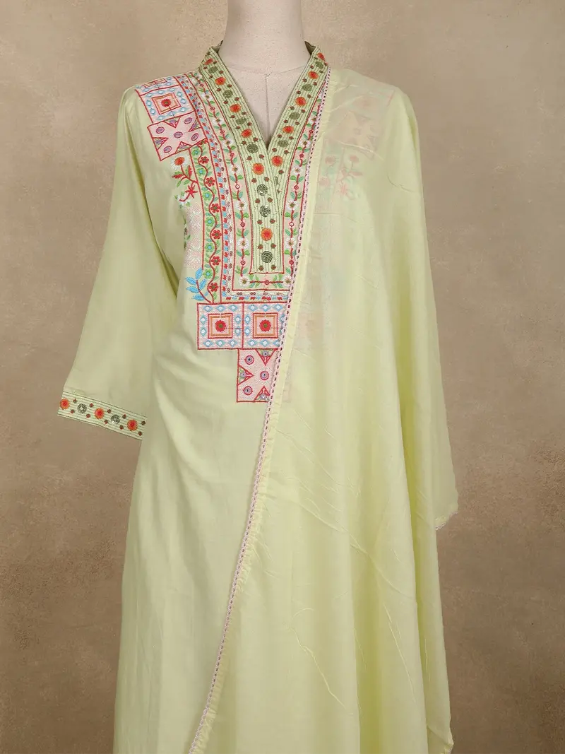 Light Pistachio Green Floral Embroidered Cotton Salwar Suit With Dupatta 2