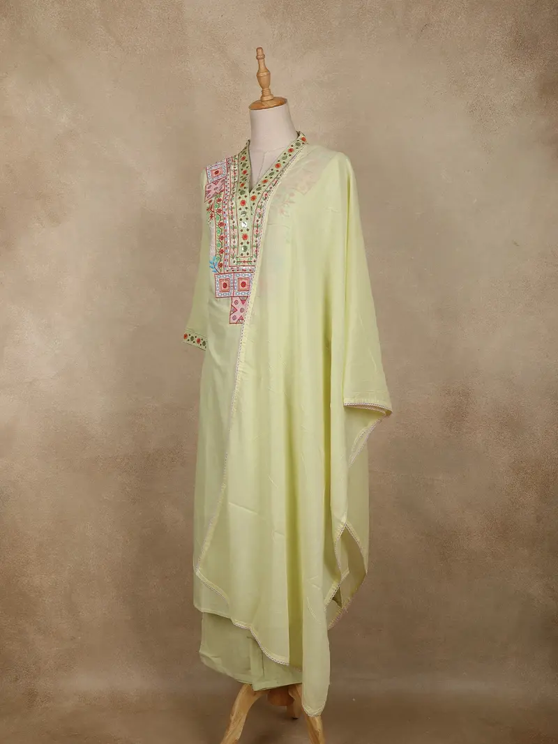 Light Pistachio Green Floral Embroidered Cotton Salwar Suit With Dupatta 3