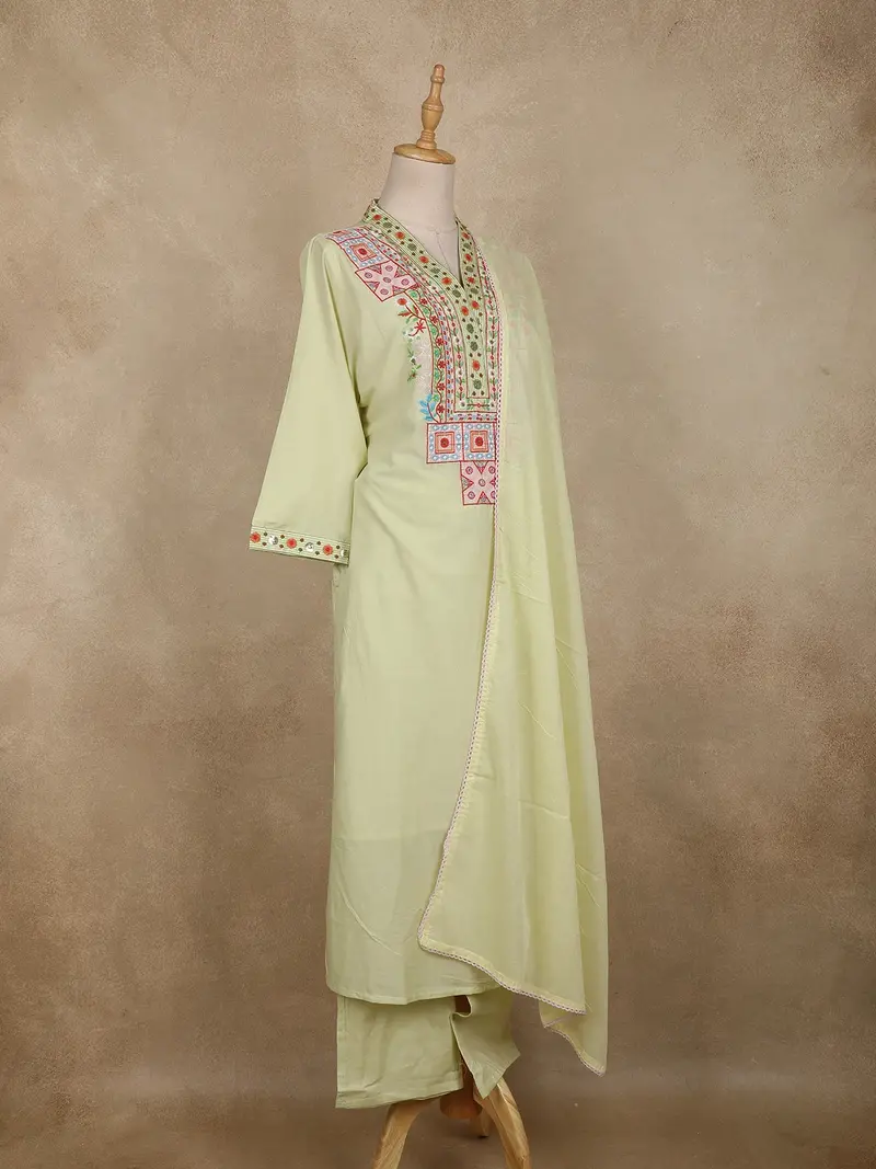 Light Pistachio Green Floral Embroidered Cotton Salwar Suit With Dupatta 4