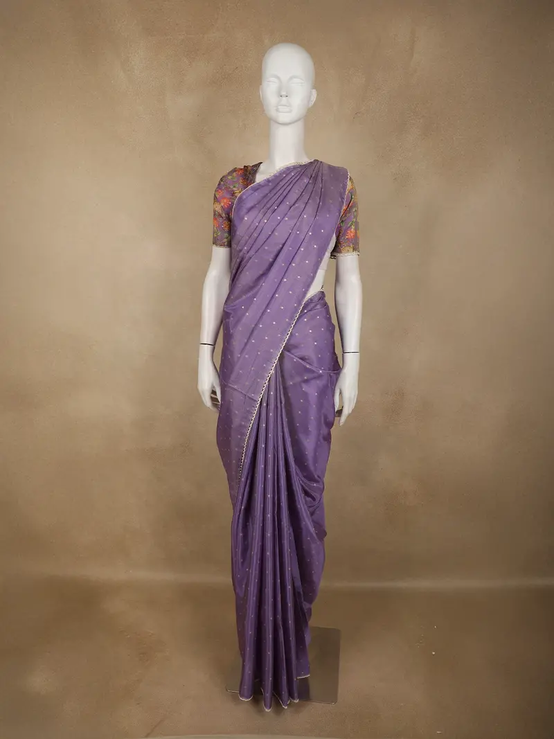 Light Purple Butta Woven Design Soft Tissue Saree With Scalloped Border 1