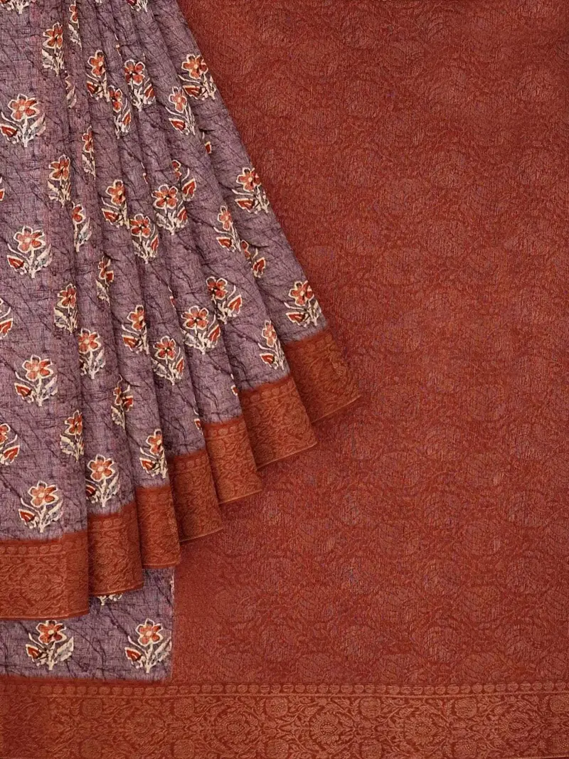 Light Purple Chanderi Silk Saree With Floral Prints & Zari Border 1