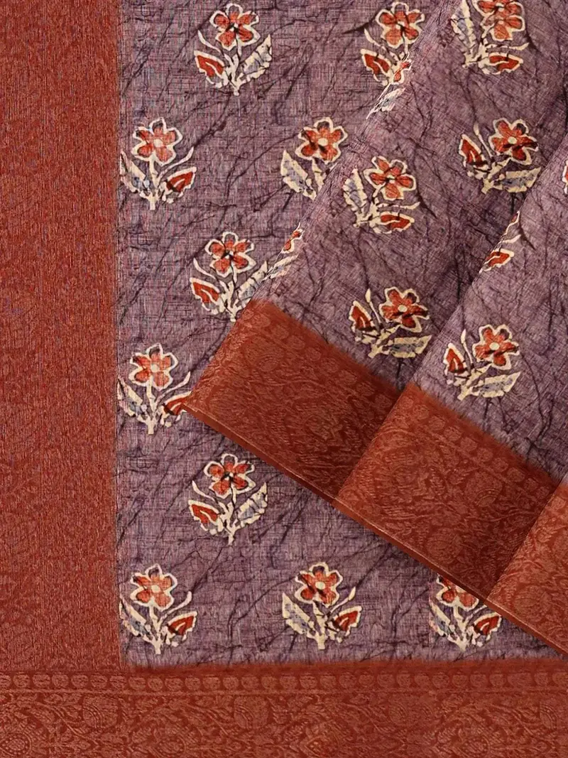 Light Purple Chanderi Silk Saree With Floral Prints & Zari Border 2