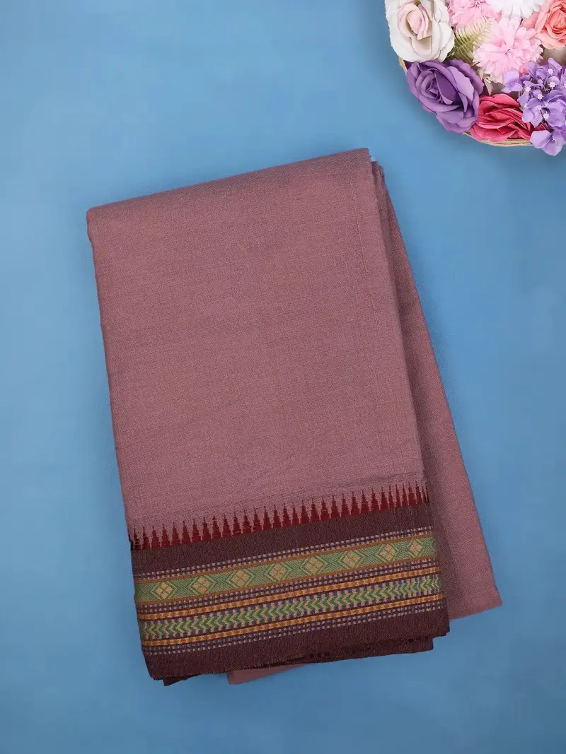 Light Purple Cotton Saree With Maroon Tribal Woven Border 1