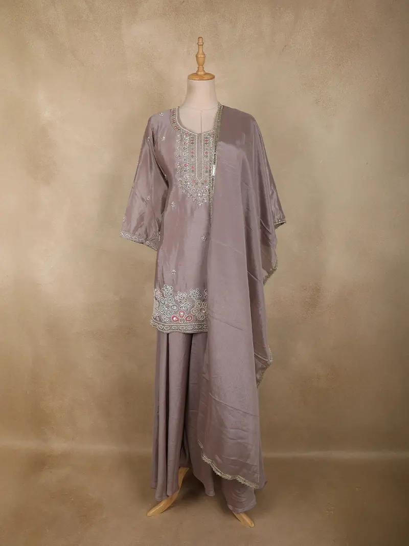 Light Purple Floral Beads Embroidered Design Georgette Palazzo Suit With Dupatta 1