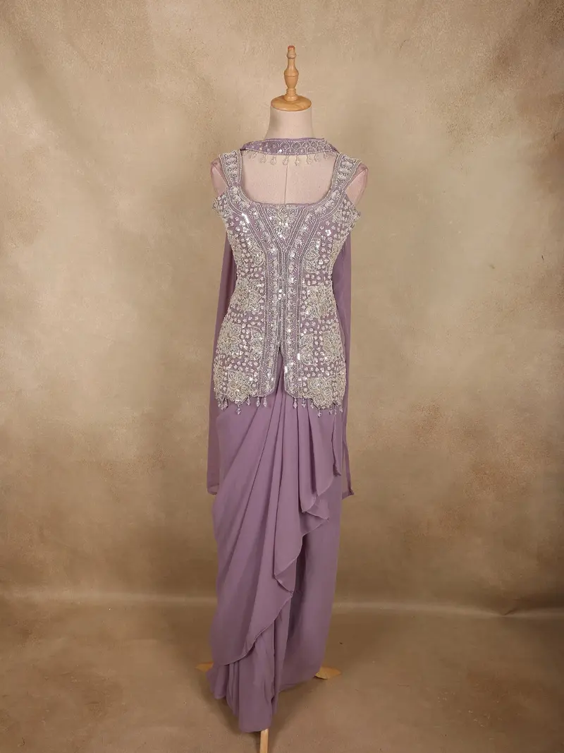 Light Purple Floral Beads Embroidered Design Georgette Skirt Top With Choker Dupatta 1