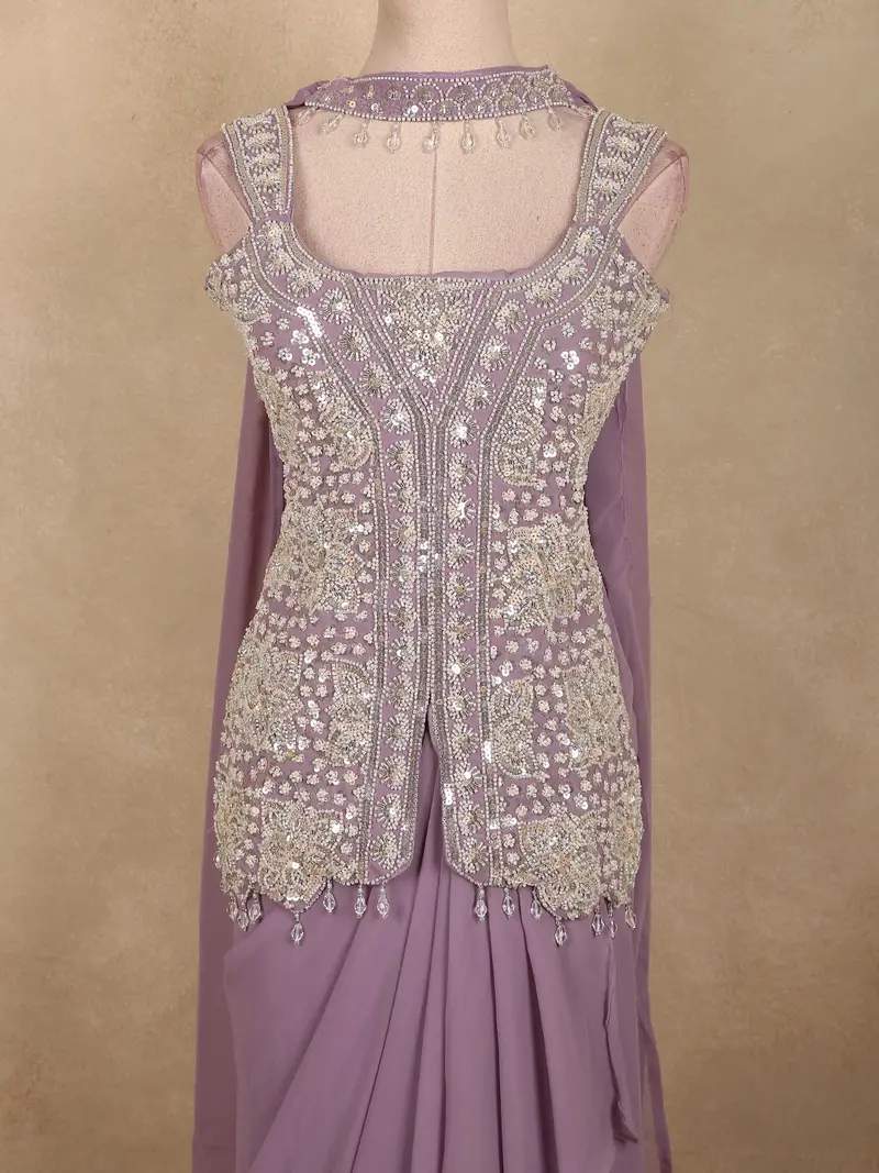 Light Purple Floral Beads Embroidered Design Georgette Skirt Top With Choker Dupatta 2