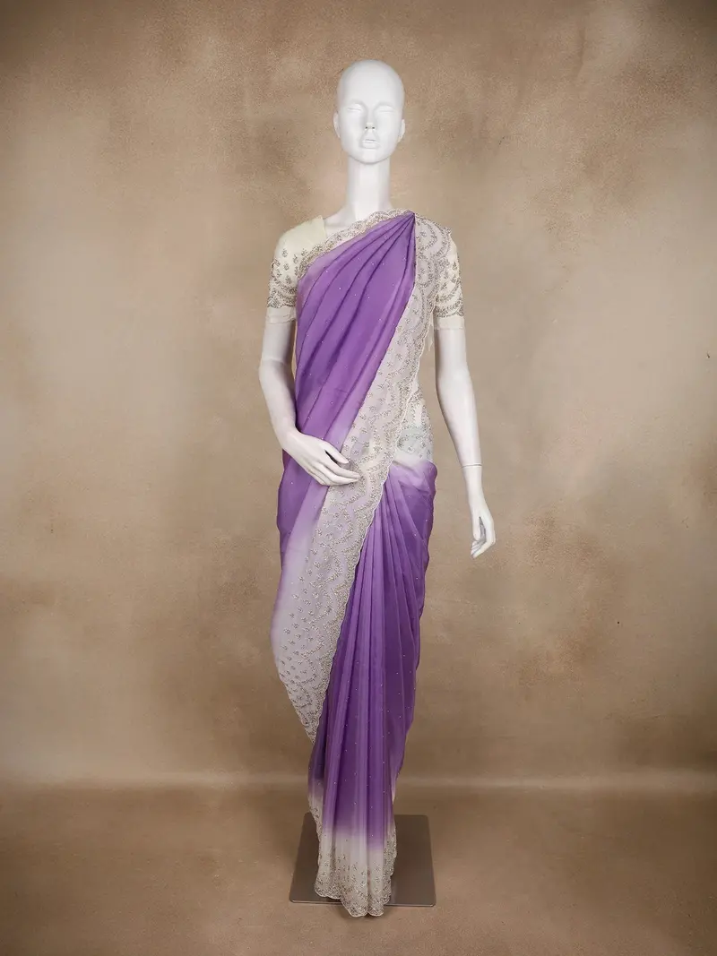 Light Purple Floral Beads Embroidered Design Satin Party Wear Saree 1