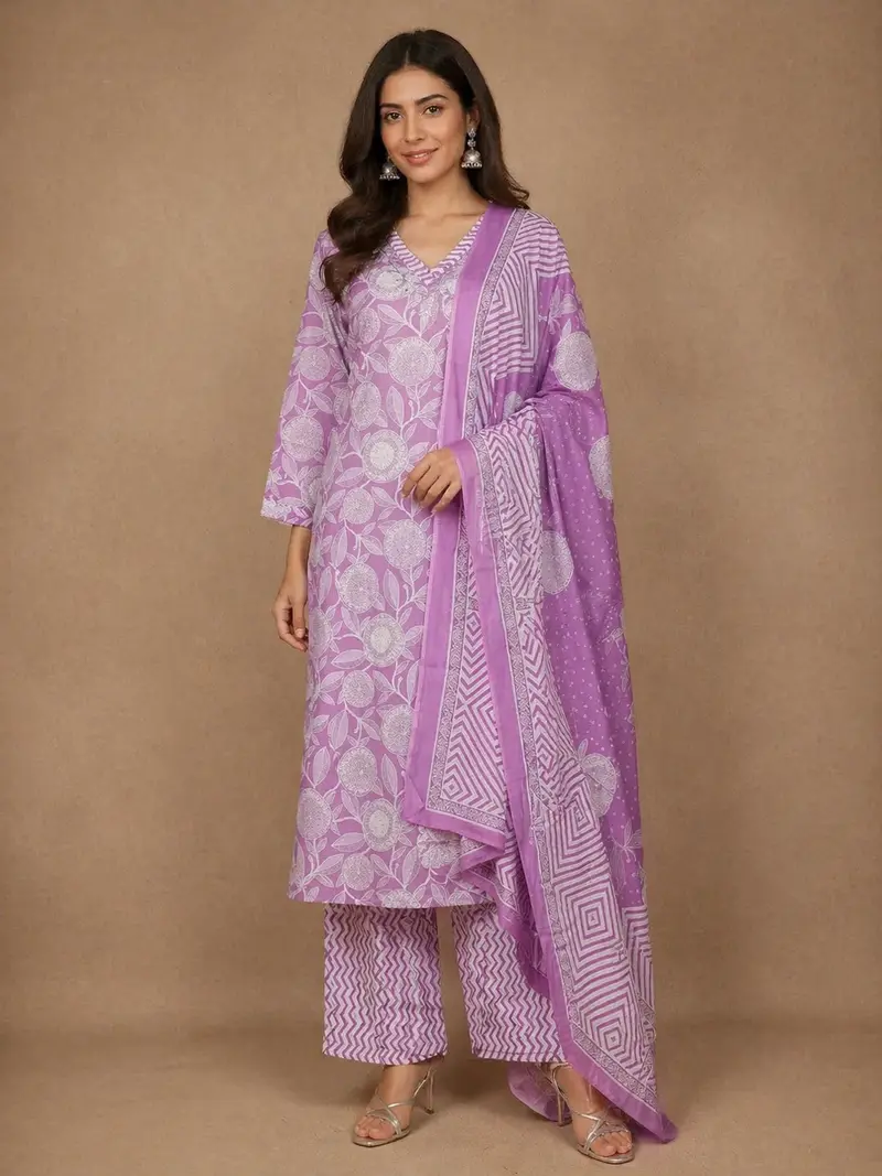 Light Purple Floral Design Printed Cotton Salwar Suit 1