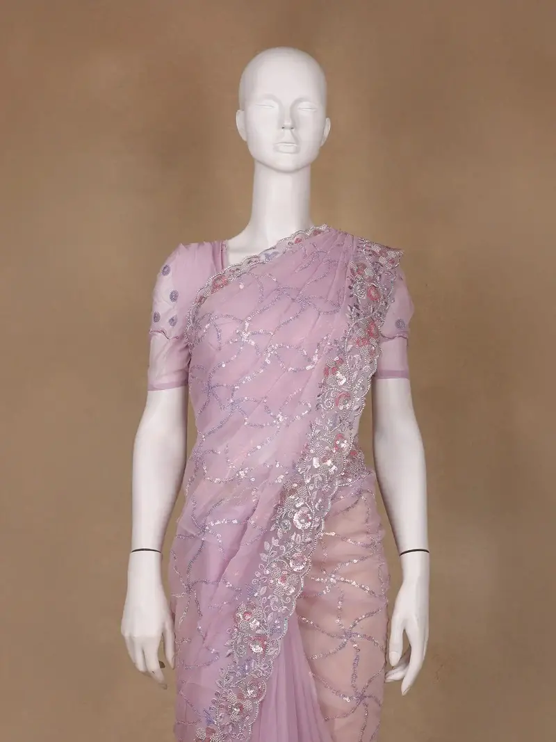 Light Purple Floral Designed Organza Designer Saree 2
