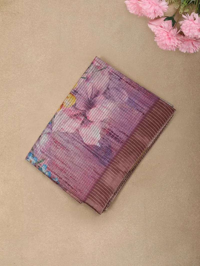 Light Purple Floral Printed And Striped Woven Design Mixed Cotton Saree With Zari Border 1