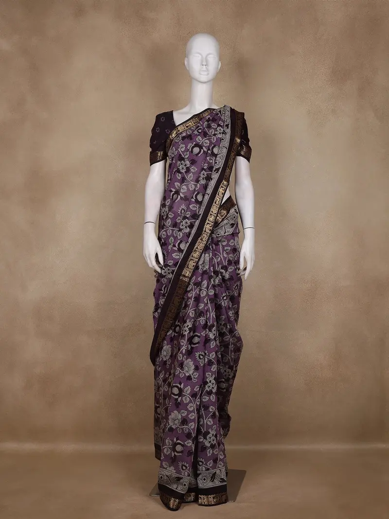 Light Purple Floral Printed Design Chanderi Cotton Saree With Zari Border 1