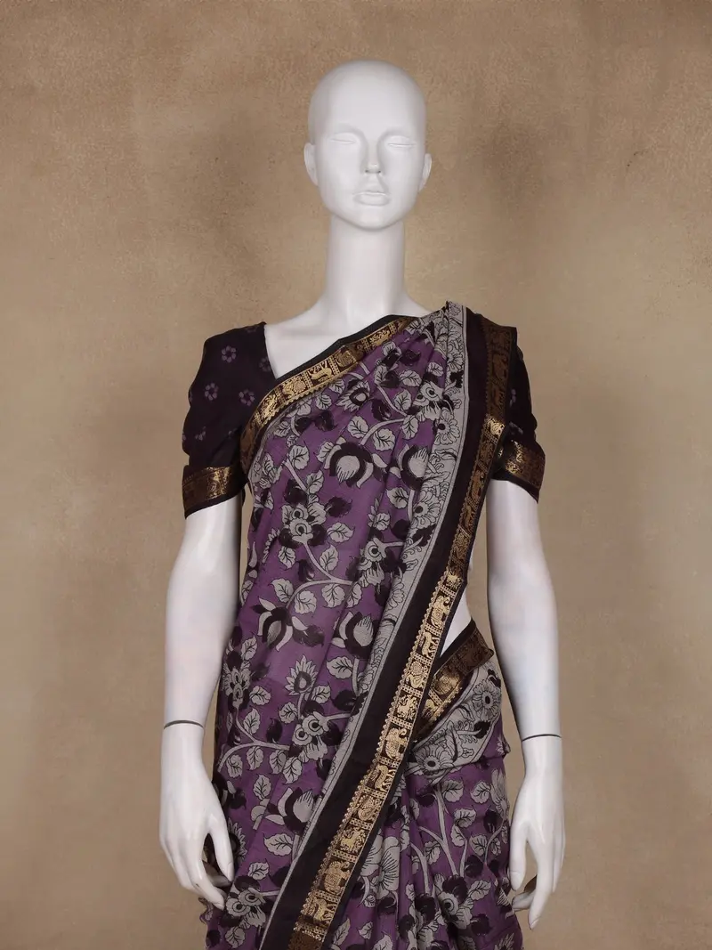 Light Purple Floral Printed Design Chanderi Cotton Saree With Zari Border 2