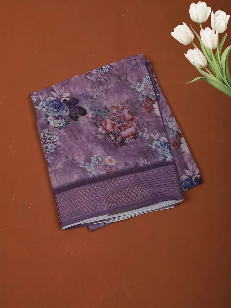 Light Purple Floral Printed Design Chiffon Casual Saree With Striped Border 1