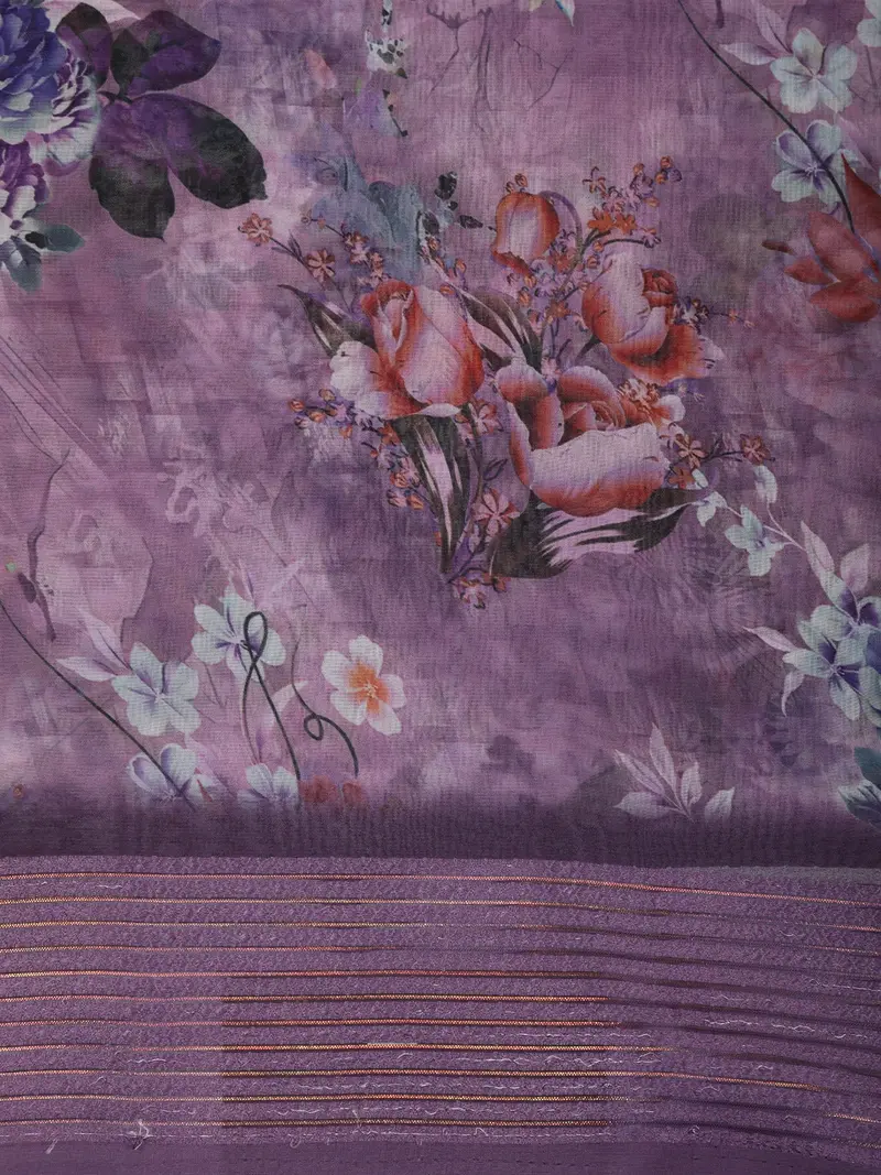 Light Purple Floral Printed Design Chiffon Casual Saree With Striped Border 2
