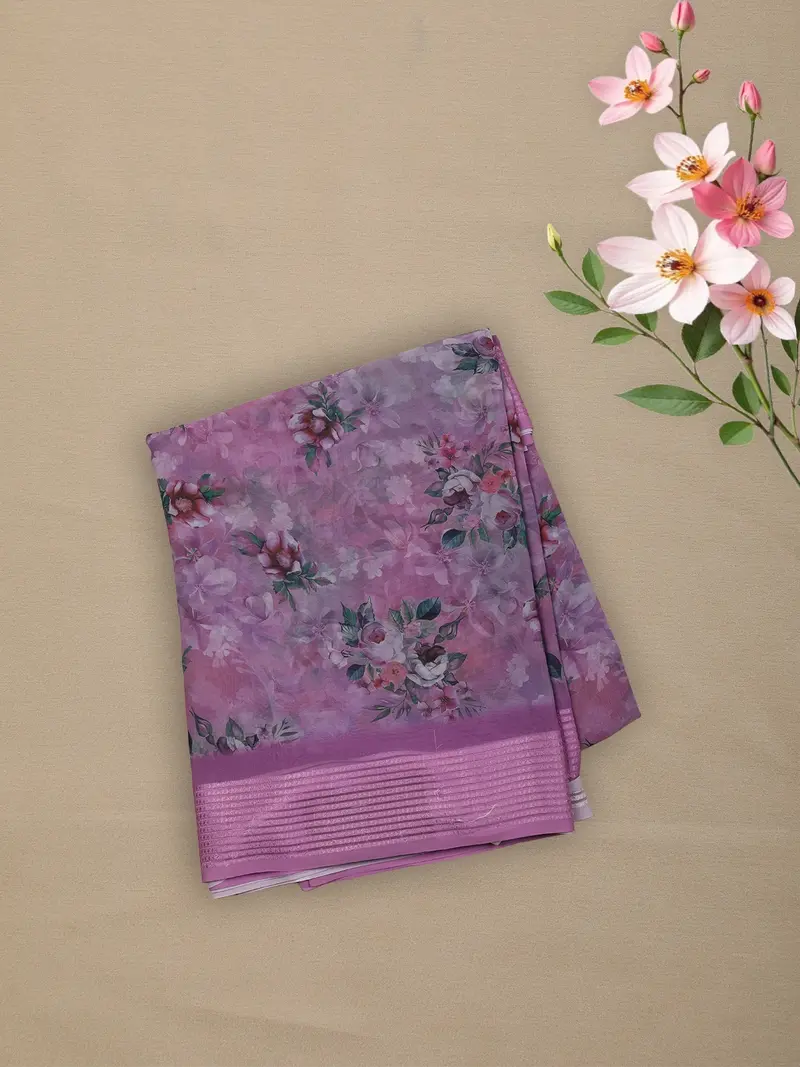 Light Purple Floral Printed Design Chiffon Saree With Self Border 1