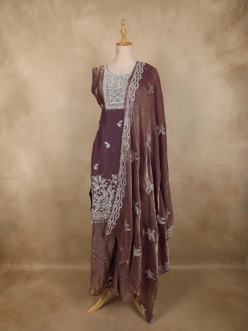 Light Purple Floral Sequins And Beads Embroidered Design Organza Palazzo Suit With Dupatta 1