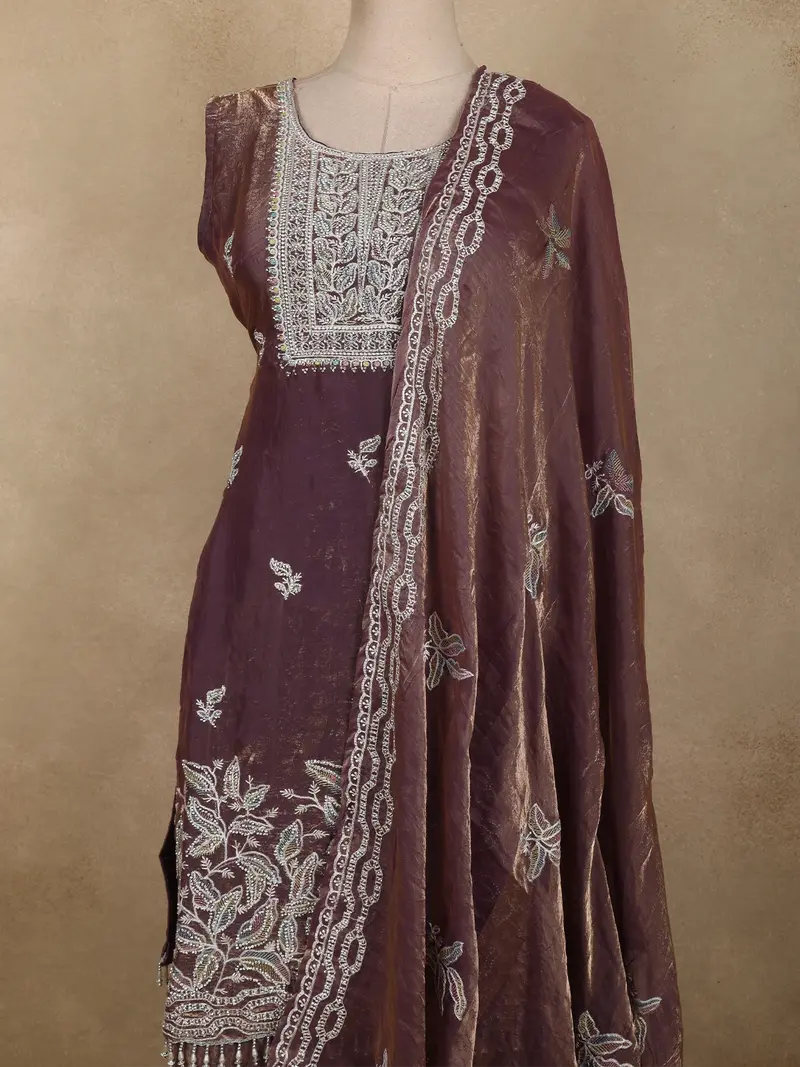 Light Purple Floral Sequins And Beads Embroidered Design Organza Palazzo Suit With Dupatta 2