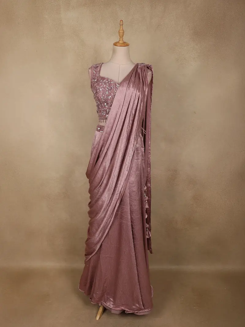 Light Purple Floral Sequins And Beads Embroidered Design Space Silk Lehenga With Drapped Dupatta 1