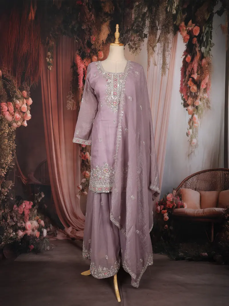 Light Purple Floral Sequins Embroidered Tissue Silk Sharara Suit With Dupatta 1
