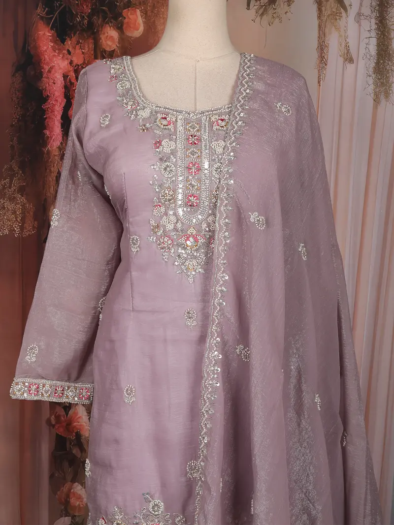 Light Purple Floral Sequins Embroidered Tissue Silk Sharara Suit With Dupatta 2