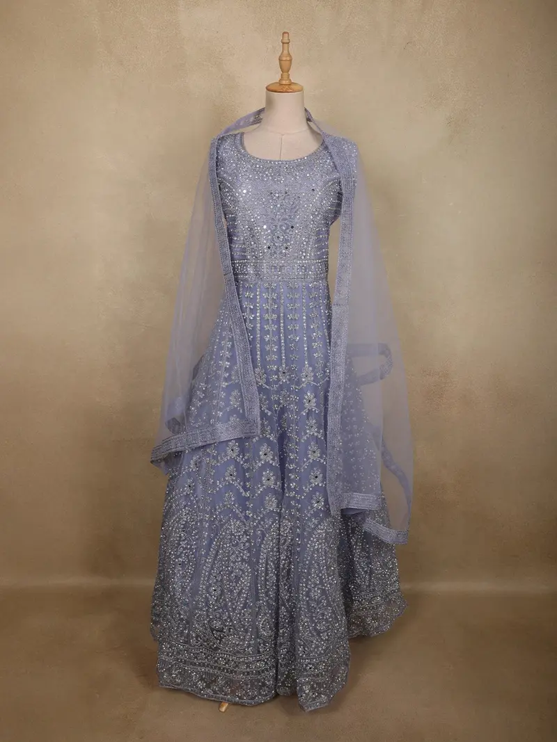 Light Purple Floral Thread And Mirror Embroidered Design Net Anarkali Gown With Dupatta 1