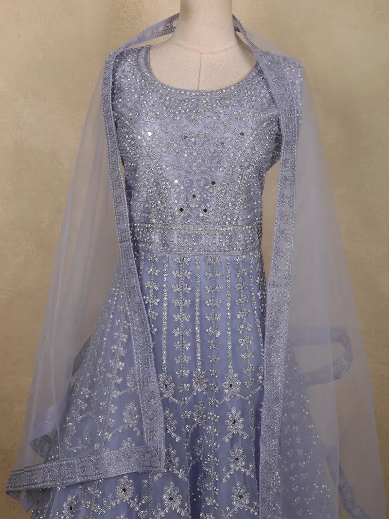 Light Purple Floral Thread And Mirror Embroidered Design Net Anarkali Gown With Dupatta 2