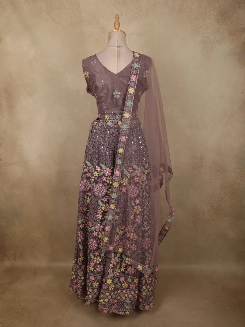 Light Purple Floral Thread And Mirror Embroidered Design Net Lehenga With Dupatta 1