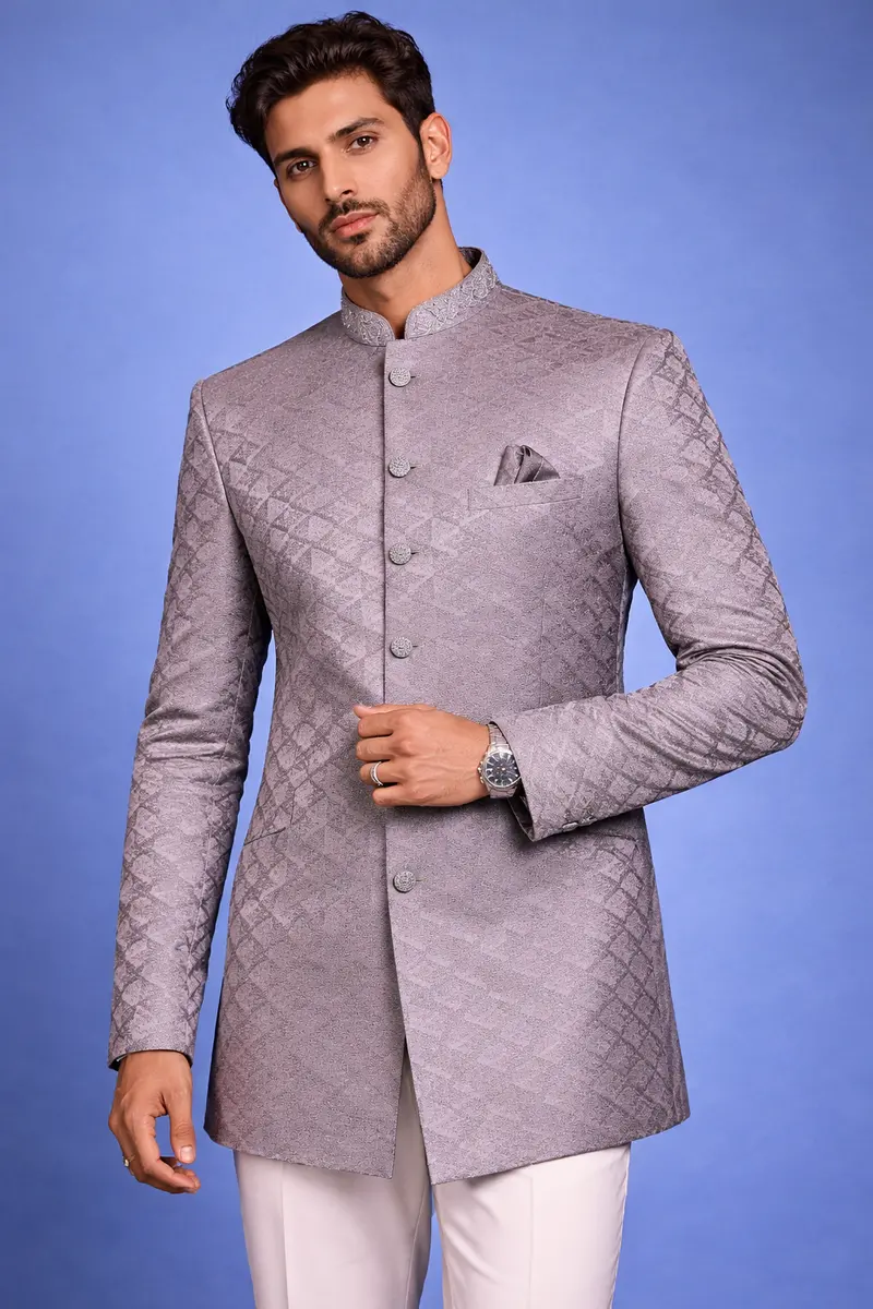 Light Purple Geometric Design Viscose Men's Suit 1