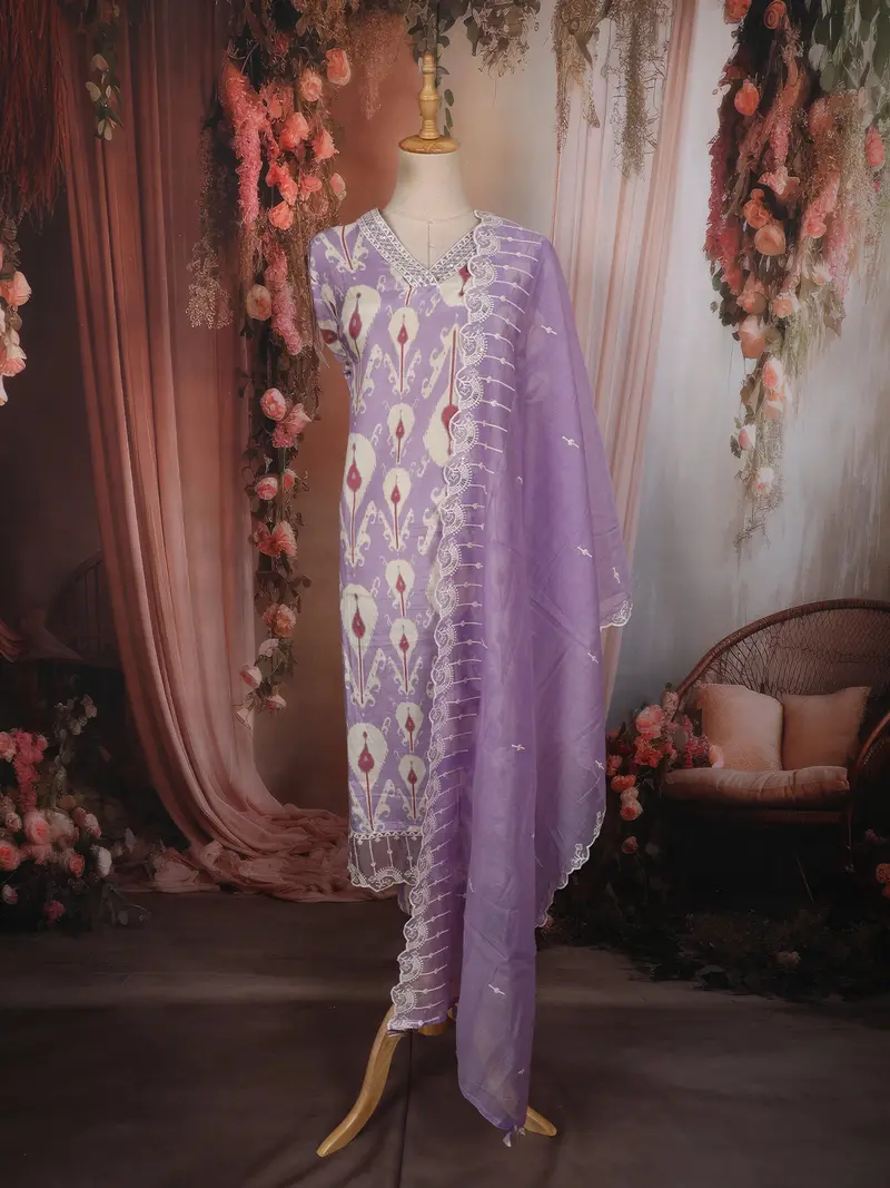 Light Purple Ikat Printed Design Cotton Unstitched Salwar Material 1