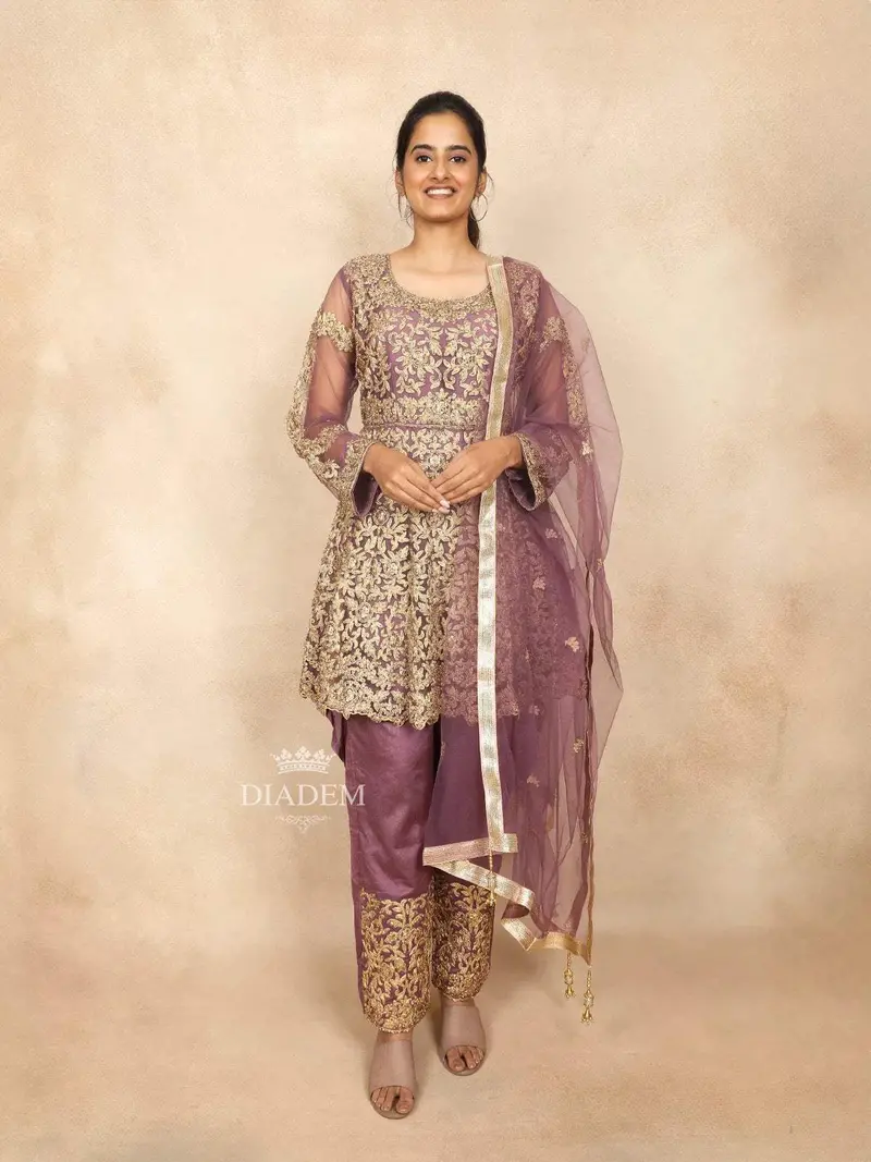 Light Purple Indo Western Salwar Suit Adorned With Sequins And Beads Floral Design Paired With Dupatta 1