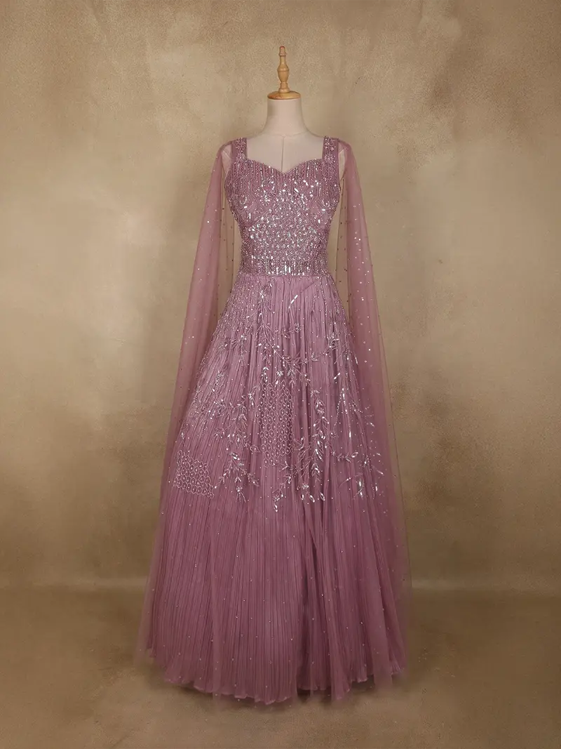 Light Purple Sequins And Beads Embroidered Design Net Party Gown 1