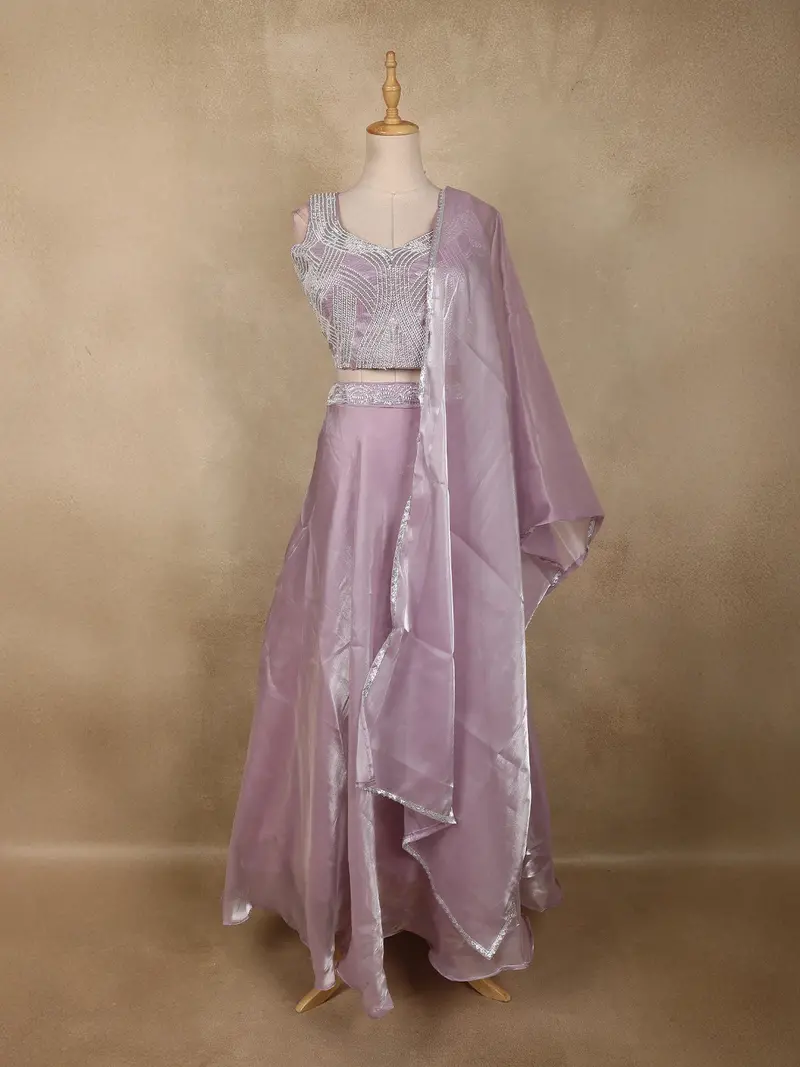 Light Purple Sequins And Beads Embroidered Design Organza Bridesmaid Lehenga With Dupatta 1