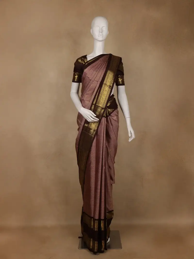Light Purple Small Checks Woven Pure Kanchipuram Silk Saree 1