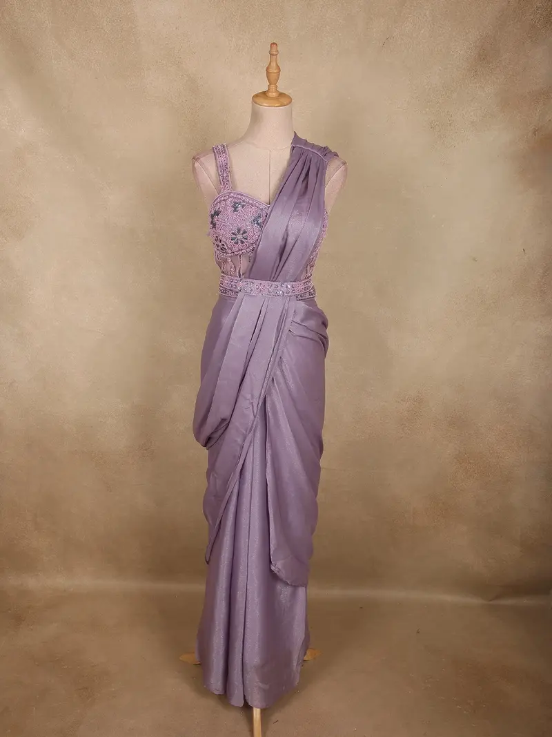 Light Purple Solid Design Georgette Ready To Wear Saree With Designer Blouse 1