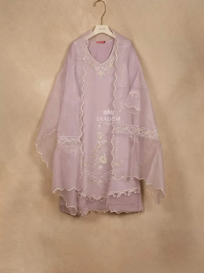 Light Purple Straight Cut Salwar Suit For Girls Adorned With Sequins And Floral Design Paired With Dupatta 2