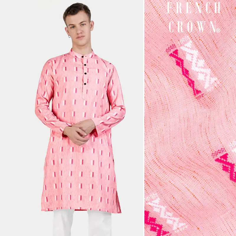 Light Rose Pink Zig-Zag Textured Jacquard Premium Giza Cotton Kurta 1