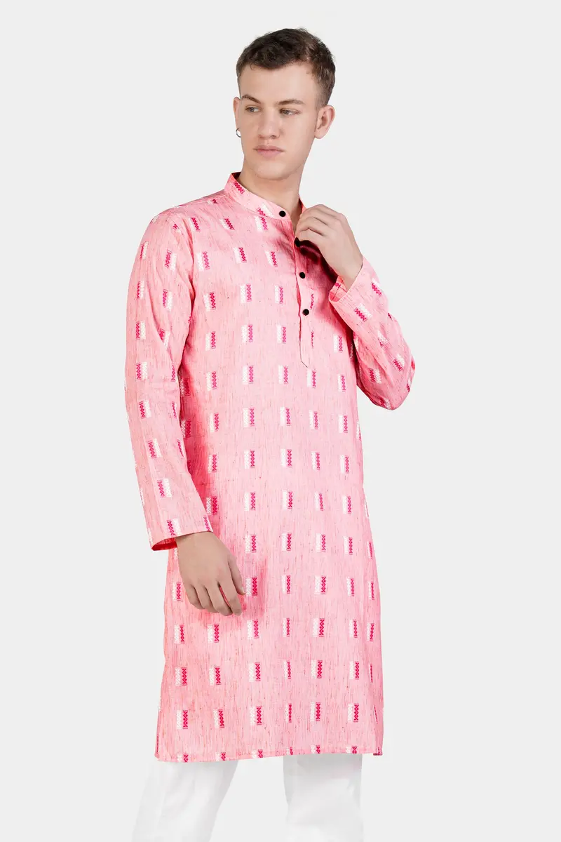 Light Rose Pink Zig-Zag Textured Jacquard Premium Giza Cotton Kurta 2