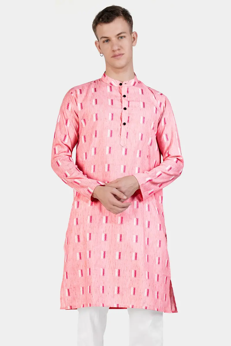 Light Rose Pink Zig-Zag Textured Jacquard Premium Giza Cotton Kurta 4