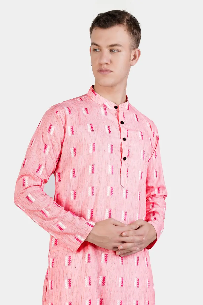 Light Rose Pink Zig-Zag Textured Jacquard Premium Giza Cotton Kurta 5