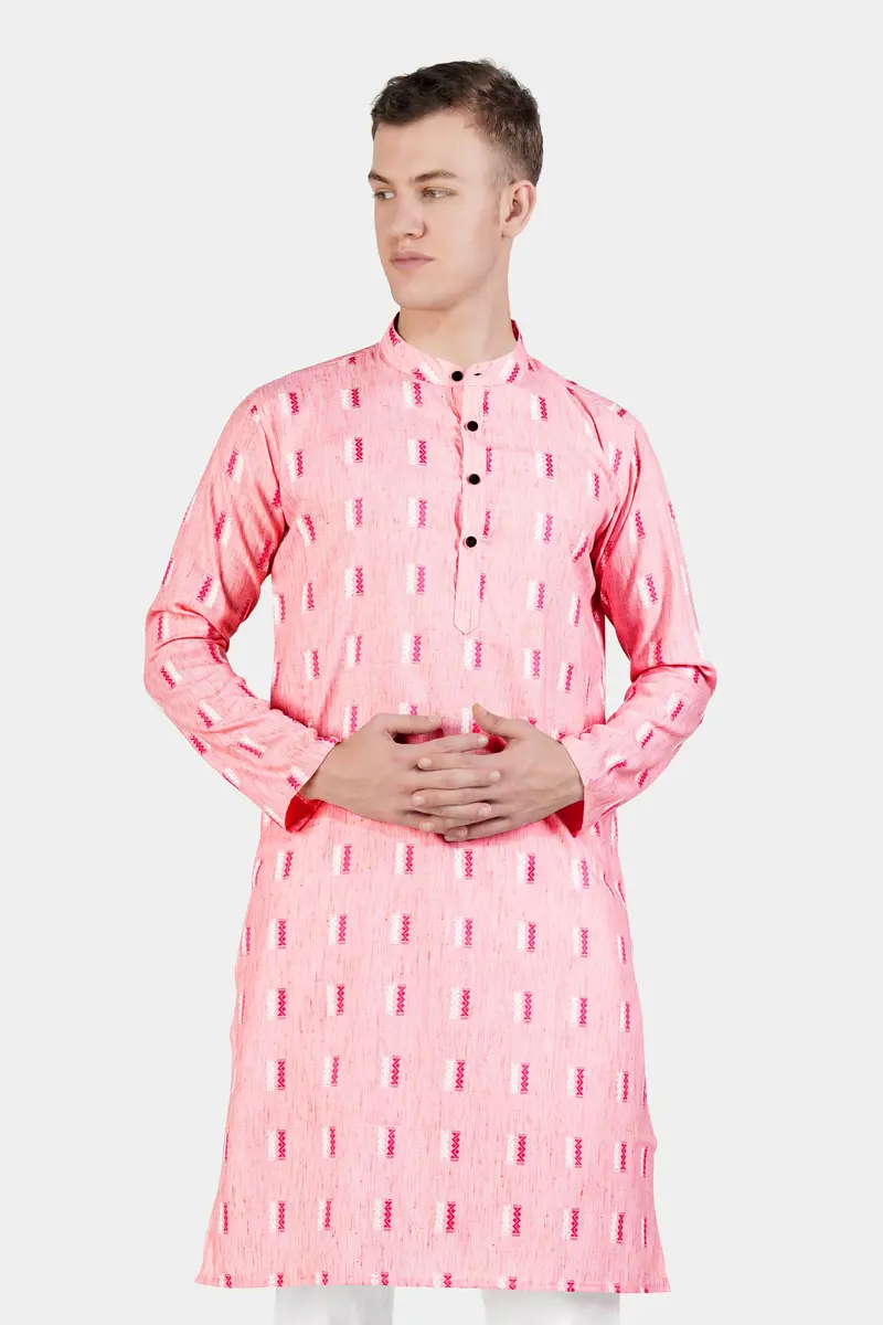 Light Rose Pink Zig-Zag Textured Jacquard Premium Giza Cotton Kurta 6